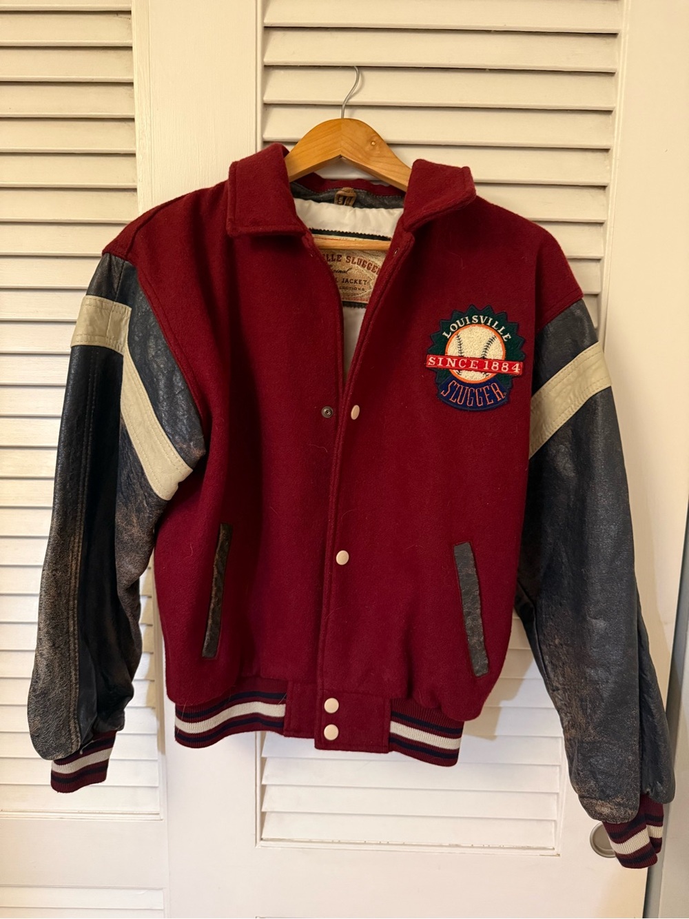 Vintage Louisville Slugger Wool and Leather Varsity Jacket Burgundy/Gray Sz XL